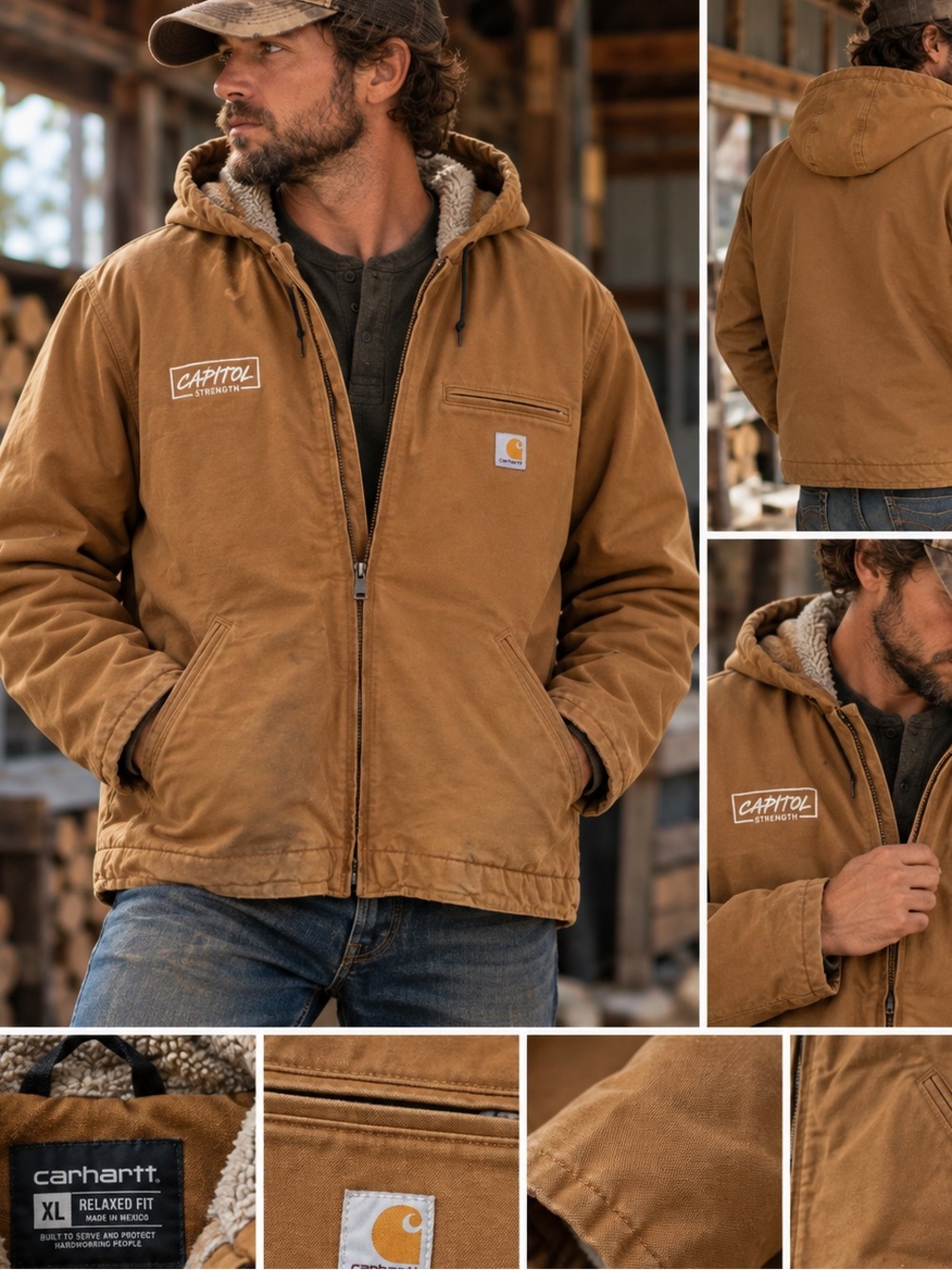 🍄🟫 Carhartt 104392 Brown Washed Duck Sherpa Lined Hooded Work Jacket XL